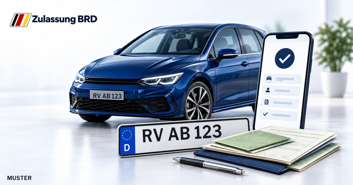 Online Fahrzeugzulassung in Isny im Allgäu: Musterkennzeichen RV AB 123, Auto und Fahrzeugpapiere und Smartphone. Illustration mit Logo von Zulassung BRD.